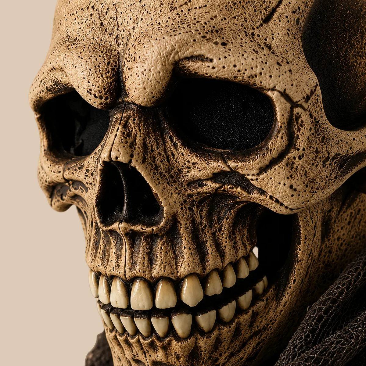 Skull horror mask with a weathered bone texture, sculpted detail close-up
