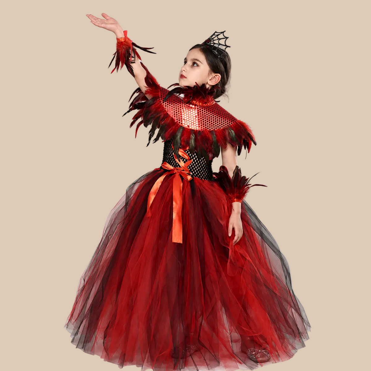 Girl’s red tulle dress with black and spiderweb details, alternate front view