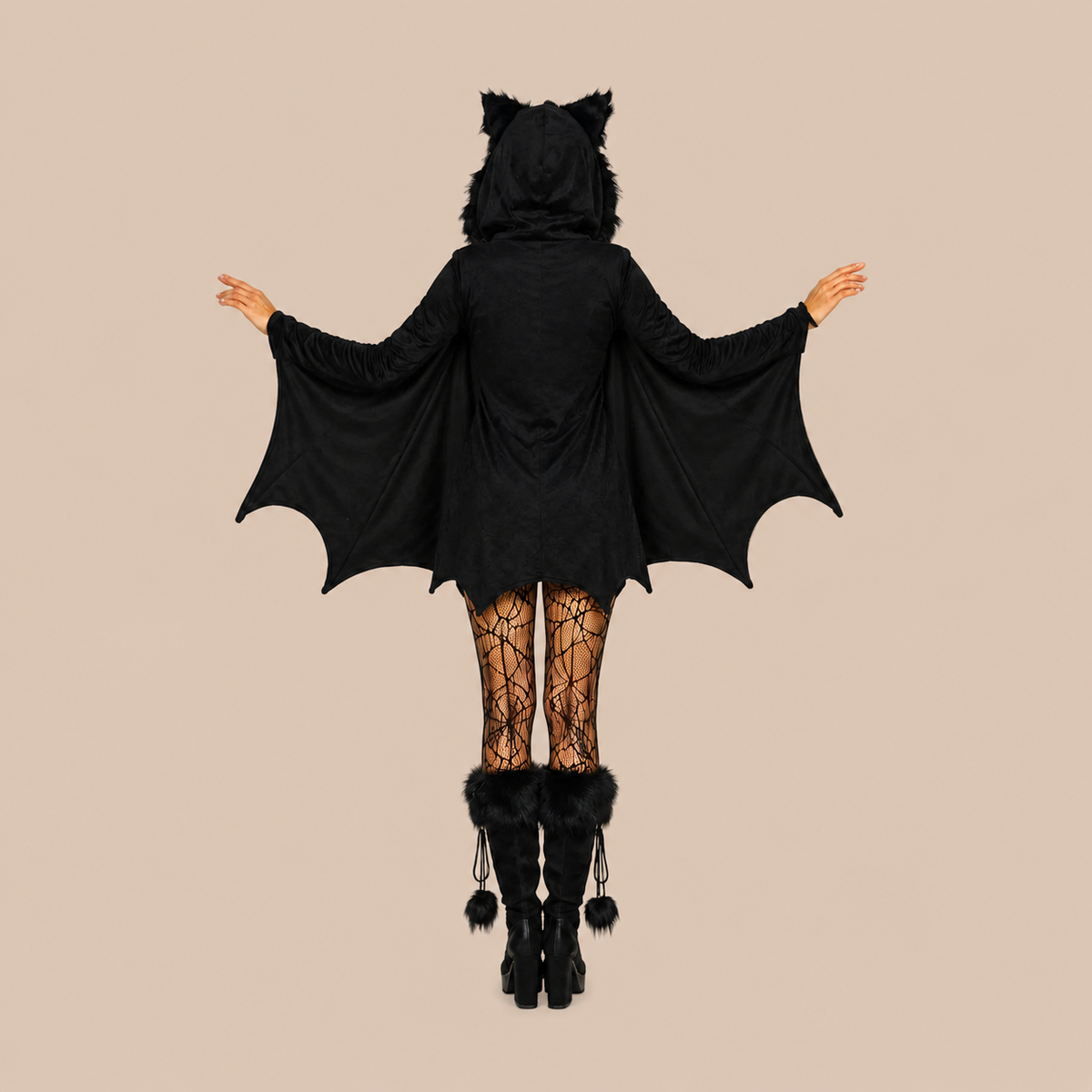 Women’s black hooded costume with batwing sleeves, back view