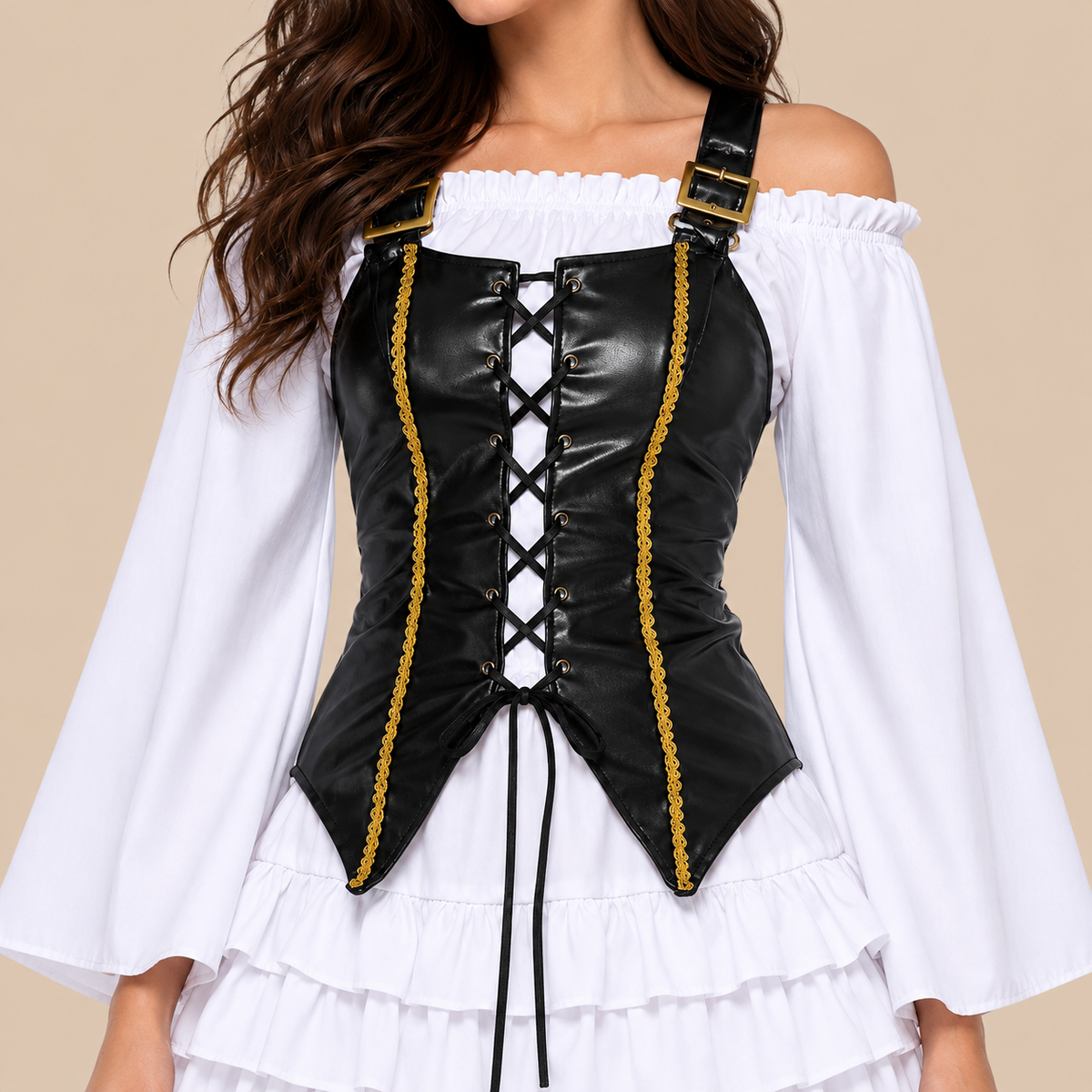Girl’s white pirate dress with a laced black bodice, bodice details