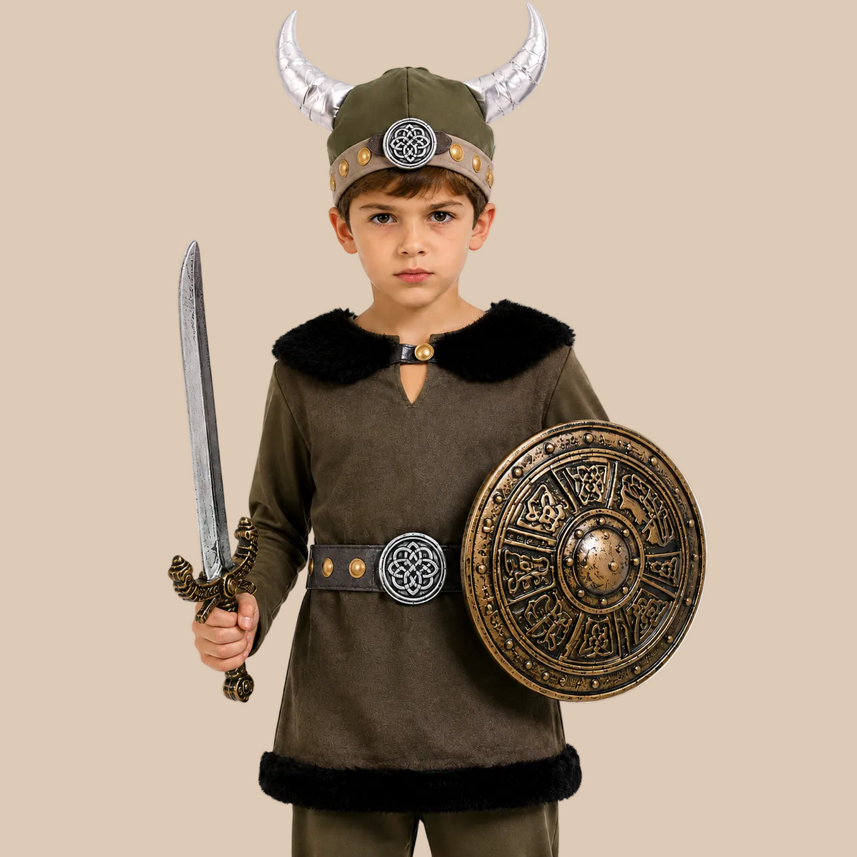 Child’s Viking-style costume with belted tunic, bodice details
