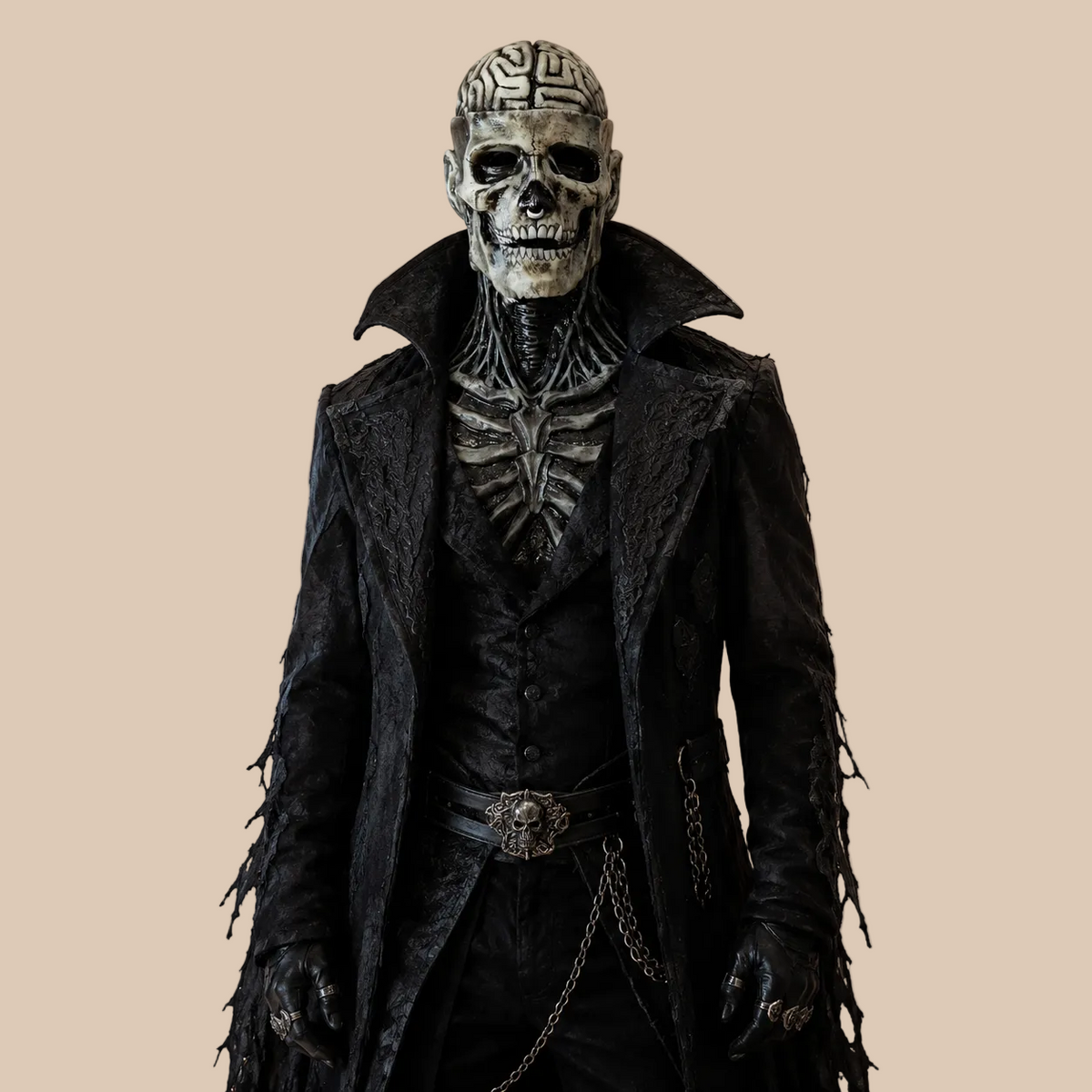 Grey skull mask with sculpted brain and neck details, shown on a model in full-body view