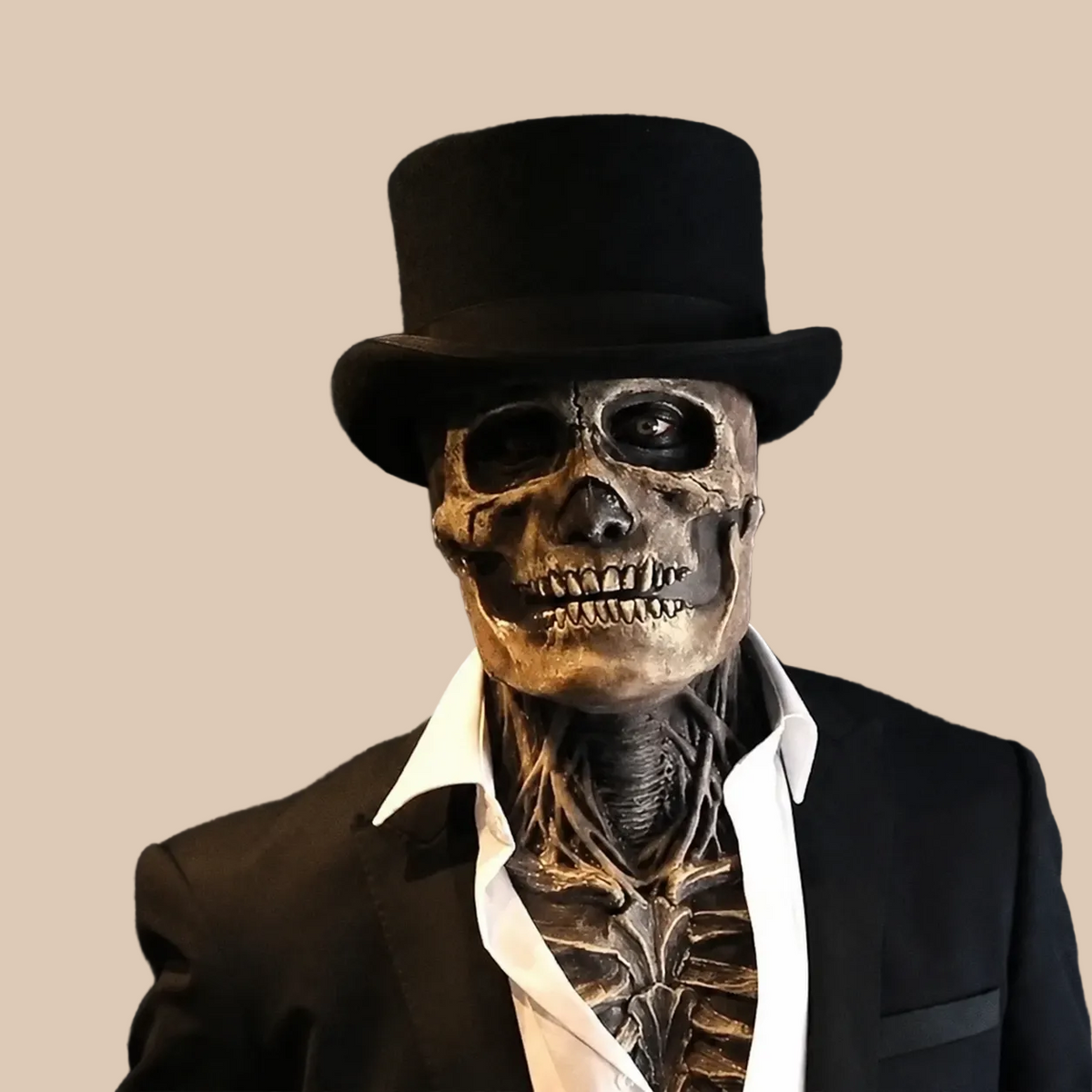 Skull mask styled on a model wearing a top hat, styling view with a top hat