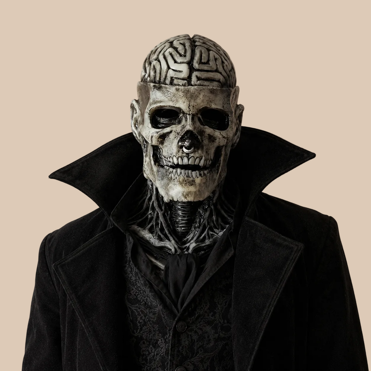 Grey skull mask with sculpted brain and neck details, worn on a model