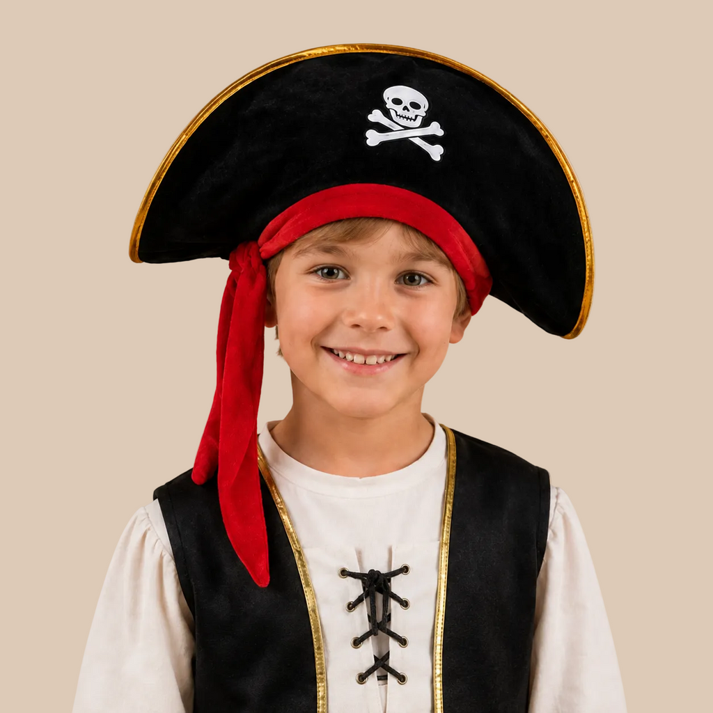 Black pirate captain hat with skull emblem and gold-tone trim, worn on a model