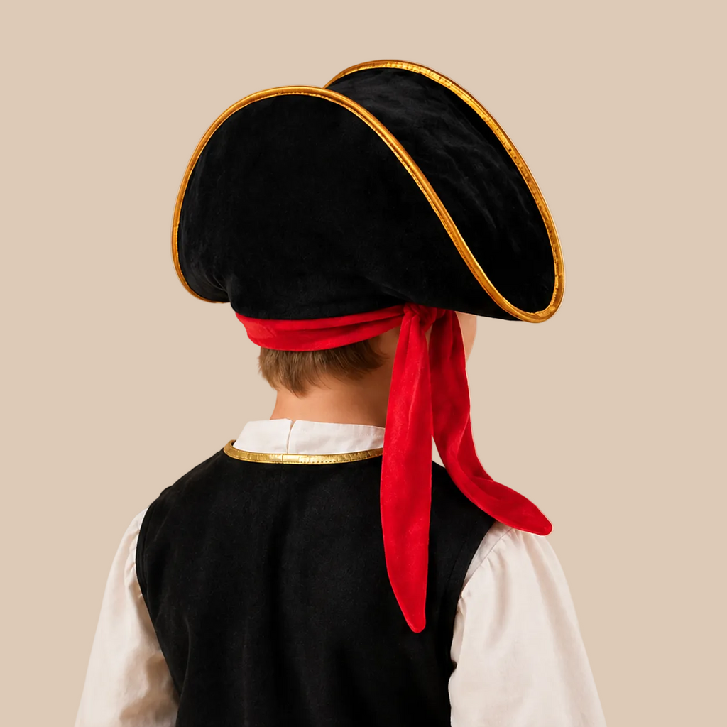 Black pirate captain hat with skull emblem and gold-tone trim, back view