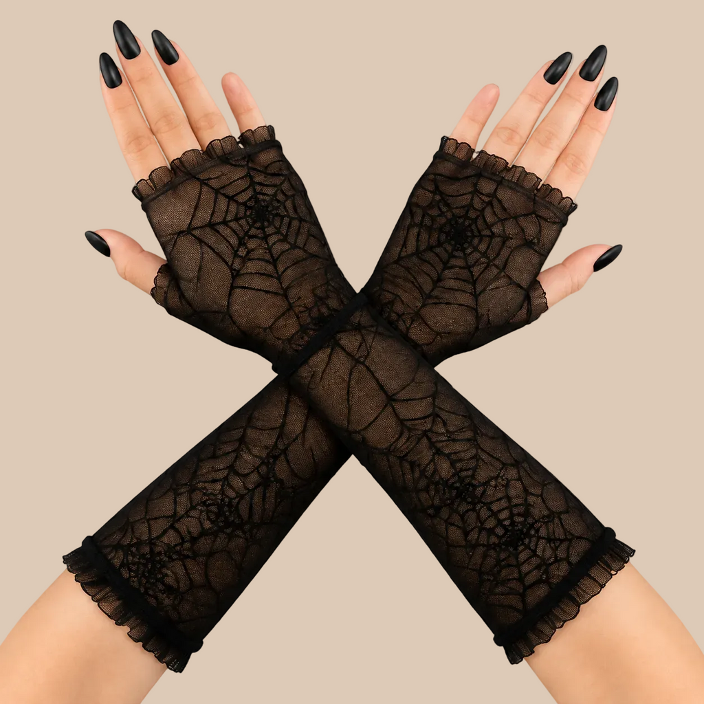 Black fingerless lace gloves with a spiderweb pattern, shown on crossed hands