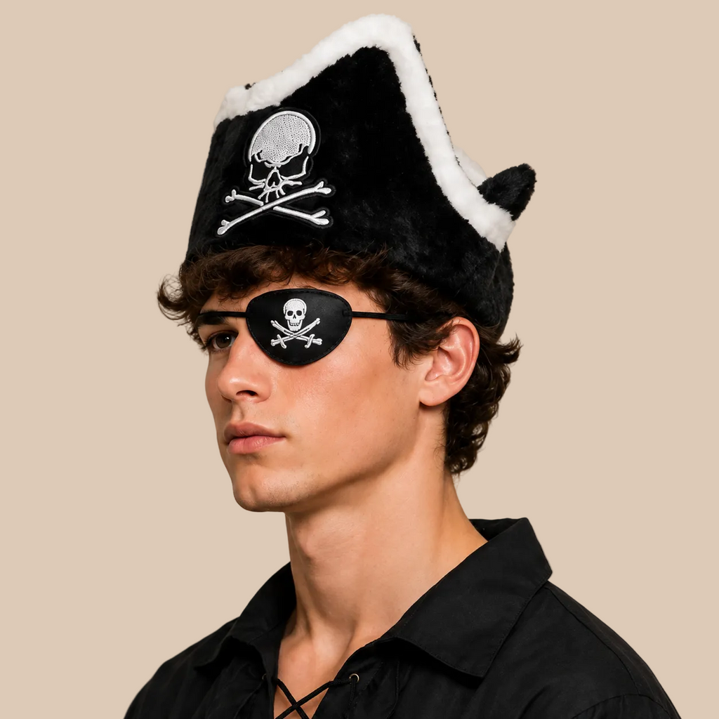 Black pirate hat with skull emblem and white trim, side view