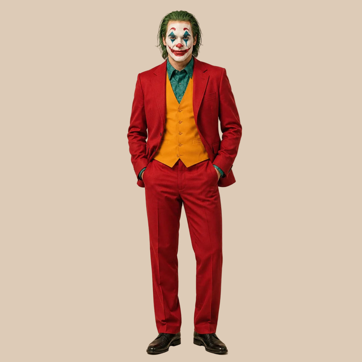 Men’s red clown suit with contrasting waistcoat and shirt, front view