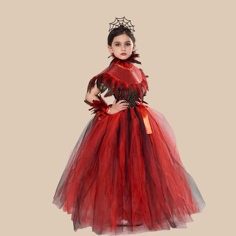 Girl’s red tulle dress with black and spiderweb details, front view