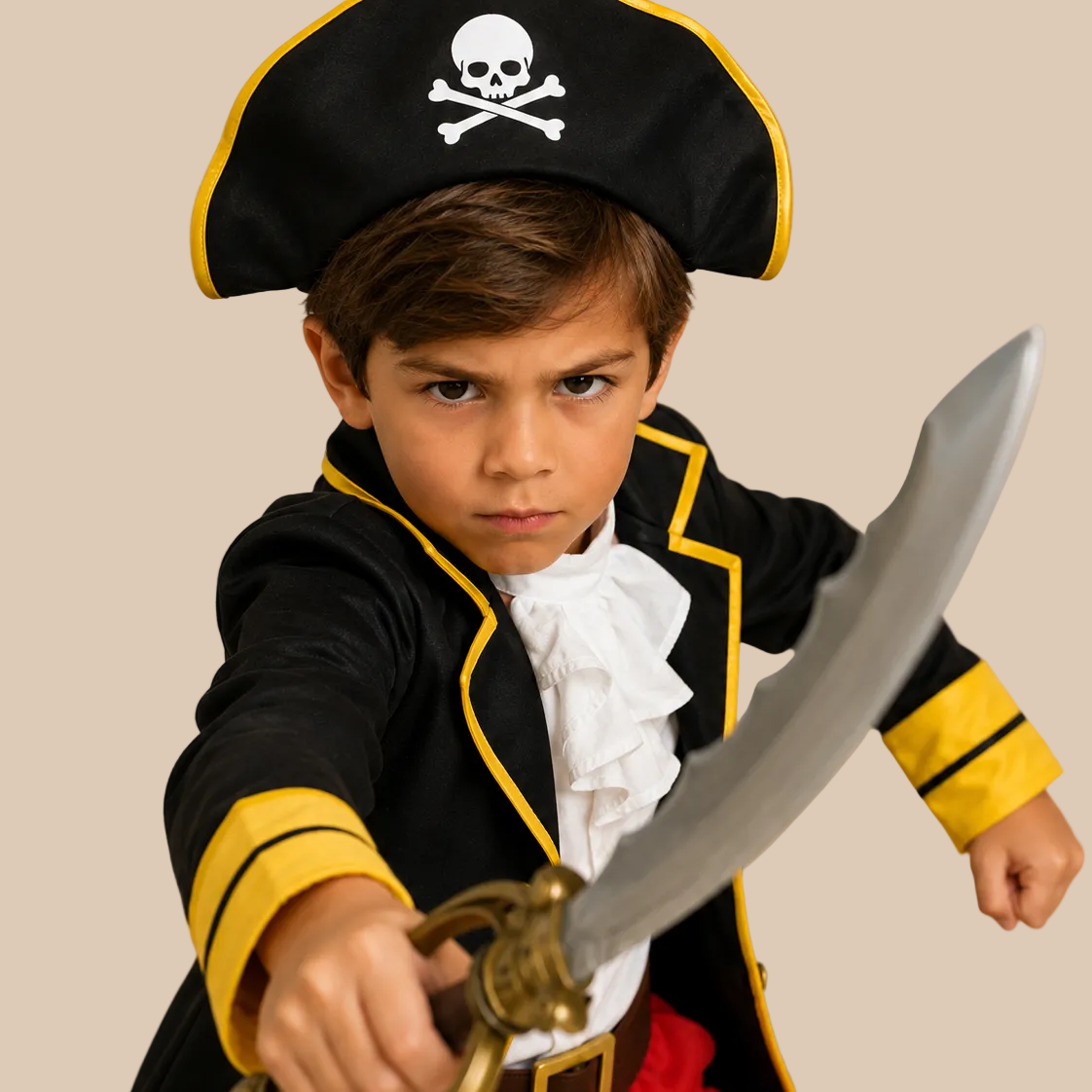 Child’s pirate costume with black jacket and red trousers, bodice details