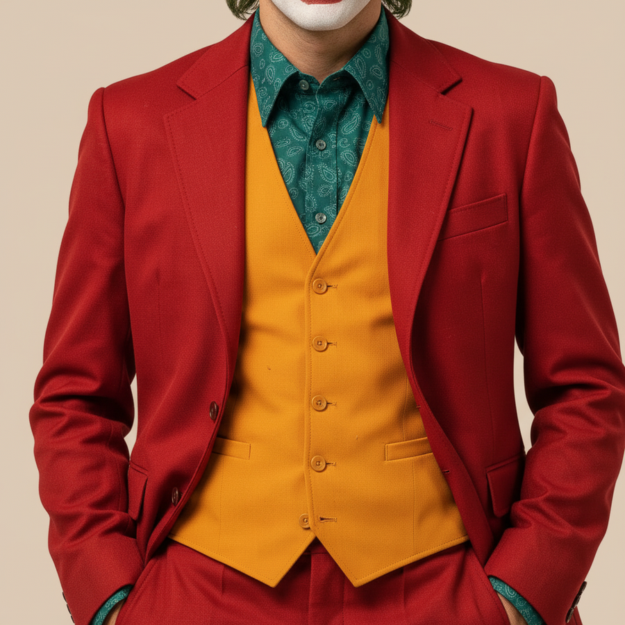 Men’s red clown suit with contrasting waistcoat and shirt, bodice details